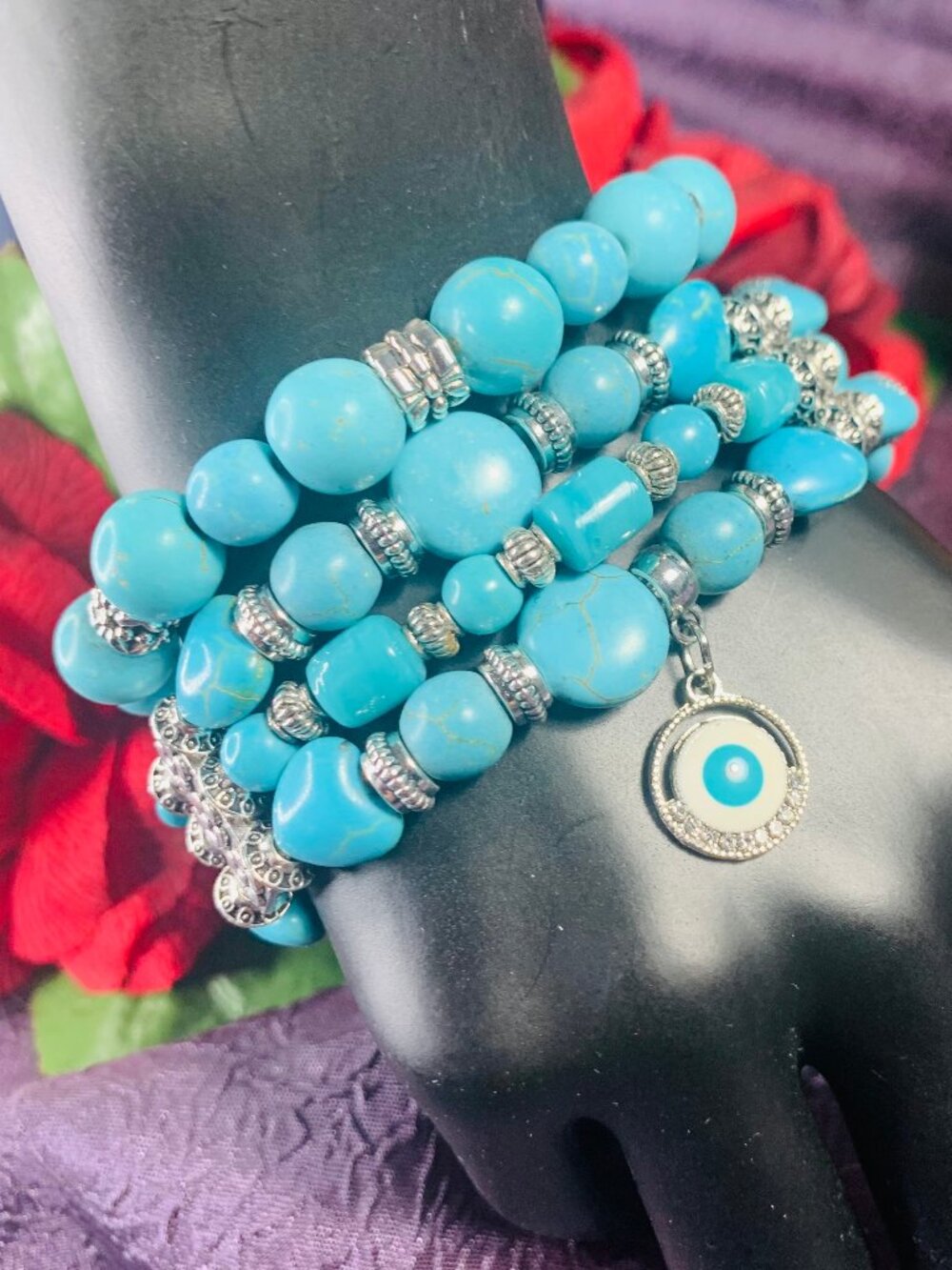 One-Of-A-Kind Evil Eye Charm, Magnesite & Pewter Bead Bracelet Set